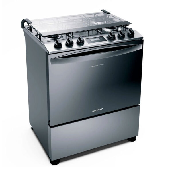 Fogão Brastemp 5 bocas inox com turbo chama touch timer e auto desligamento